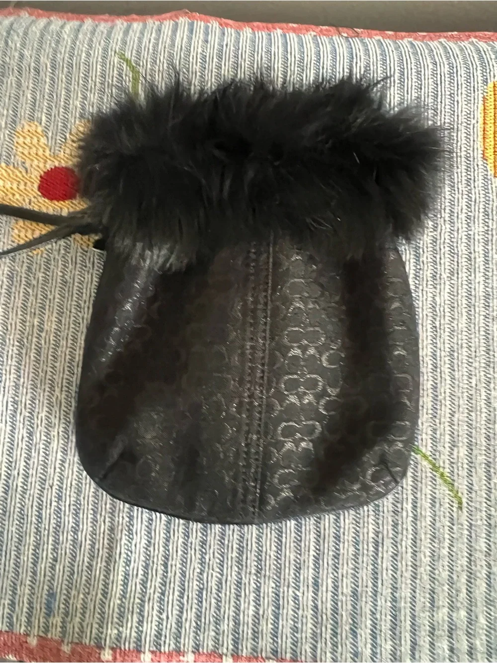 Coach Rare Y2K Black Signature Drawstring Pouch with Fur Trim 2003